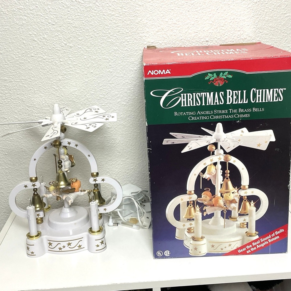 Vintage 1996 NOMA Christmas Bell Chimes Rotating Angels Lights Box 29043